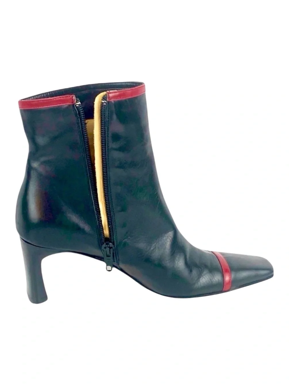 Women's Black Leather Ankle Boots with Red Trim and Side Zipper